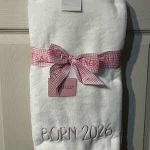 BORN 2026 -White Baby Blanket with Pink Ribbon